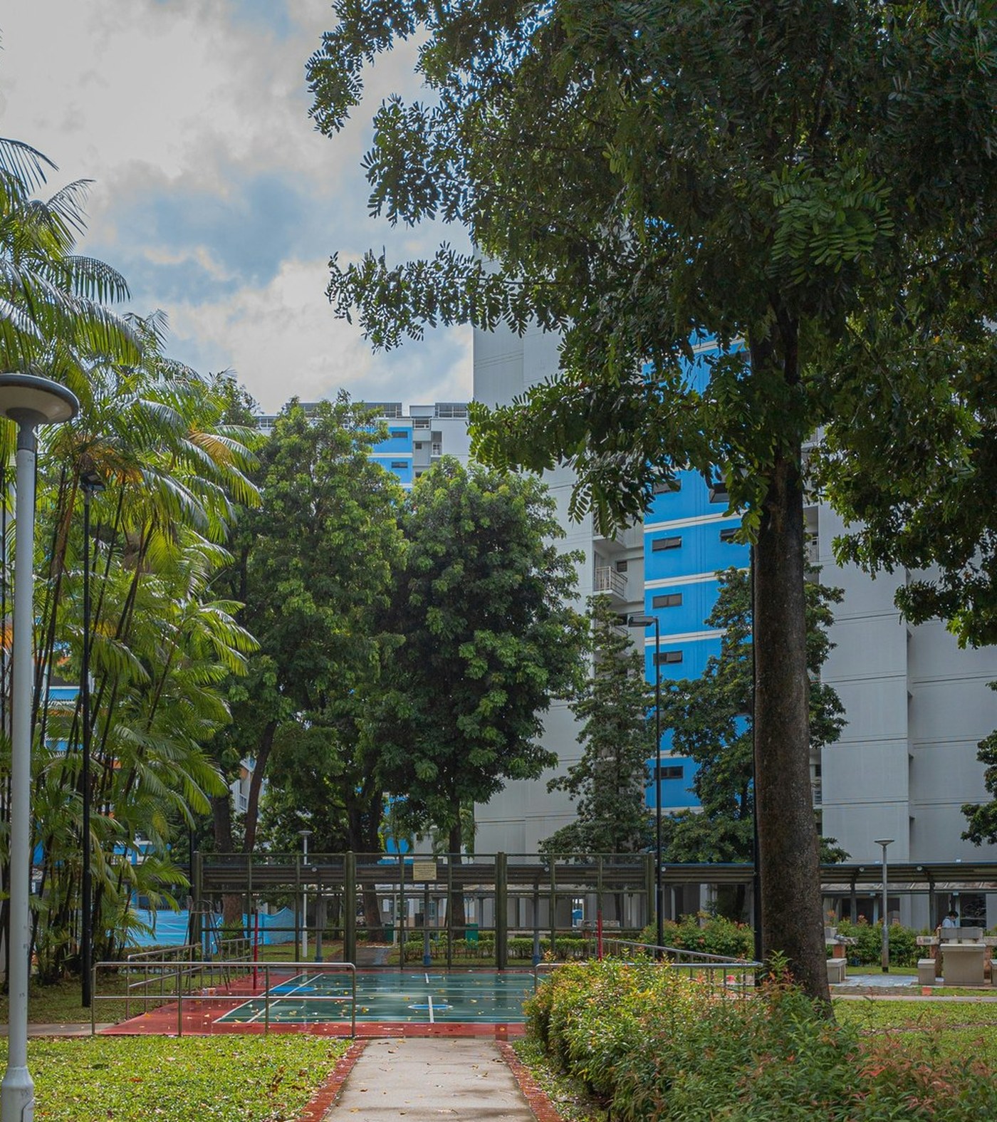 Yew Tee estate in the late morning, blocks and greenery along the walkway
